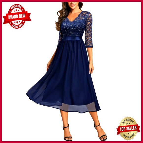 Elegant V Neck Sequin Lace Sleeve Bridesmaid Party A-line Dress